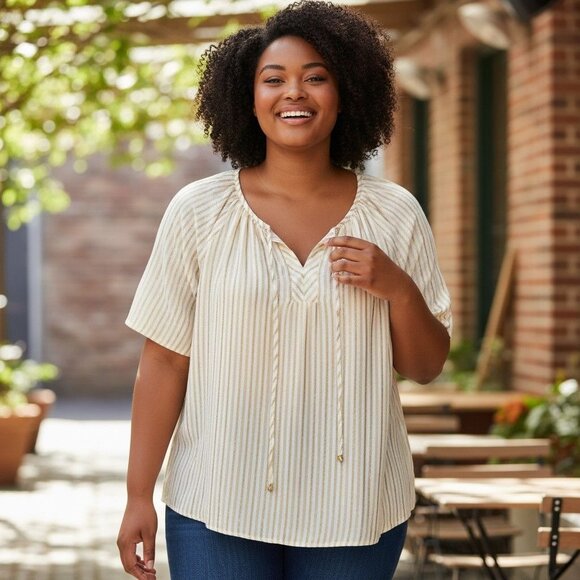 Adrienne Vittadini Shirt Plus Size XXX 3X Short Sleeve Metallic Gold Striped Top - Picture 10 of 10